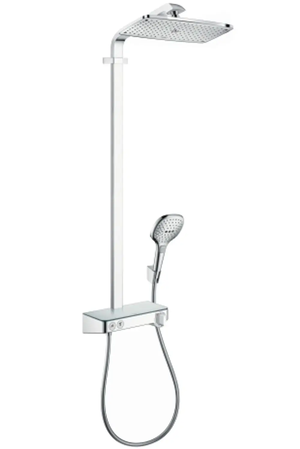 Hansgrohe Duschsystem mit Kopfbrause und Handbrause, verbunden durch eine flexible Schlauchleitung, montiert an einer vertikalen Stange.